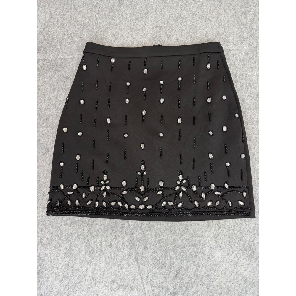 BCBG Mini Skirt Womens 12 Black Beaded Rhinestone Cocktail Party Classic Luxury